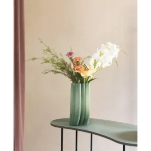 Emerald Pleated Wide-Mouth Glass Vase, Large or Small in olive — in a room setting