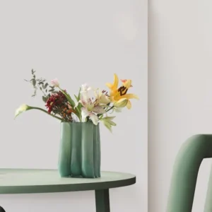 Emerald Pleated Wide-Mouth Glass Vase, Large or Small in olive — in a room setting