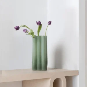Emerald Pleated Wide-Mouth Glass Vase, Large or Small in olive — in a room setting