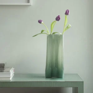 Emerald Pleated Wide-Mouth Glass Vase, Large or Small in olive — in a room setting