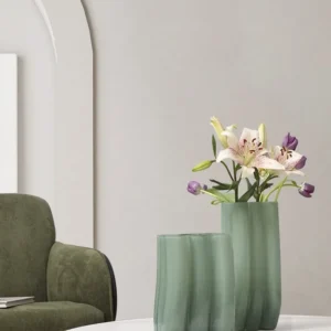 Emerald Pleated Wide-Mouth Glass Vase, Large or Small in olive — in a room setting
