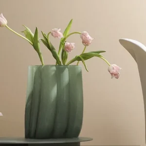 Emerald Pleated Wide-Mouth Glass Vase, Large or Small in olive — in a room setting