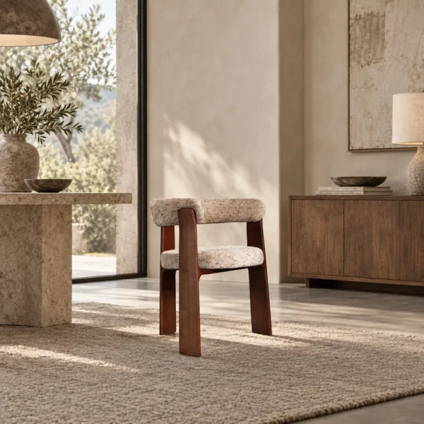 Mid-Century Wraparound Armchair in Ash and Mottled Weave — in a room setting