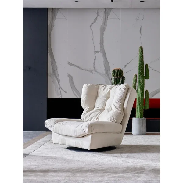 Cloud Swivel Lounge Chair in Cream Suede with Goose Down — in a room setting