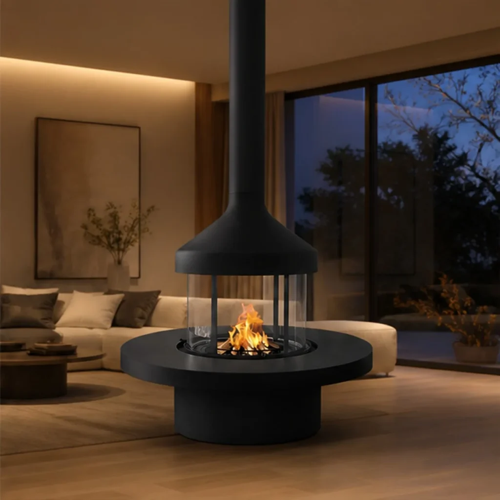 Miles Suspended Fireplace with Glass Ring and Round Platform in black — front view
