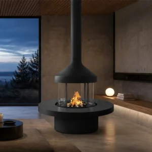 Miles Suspended Fireplace with Glass Ring and Round Platform in black — in a room setting