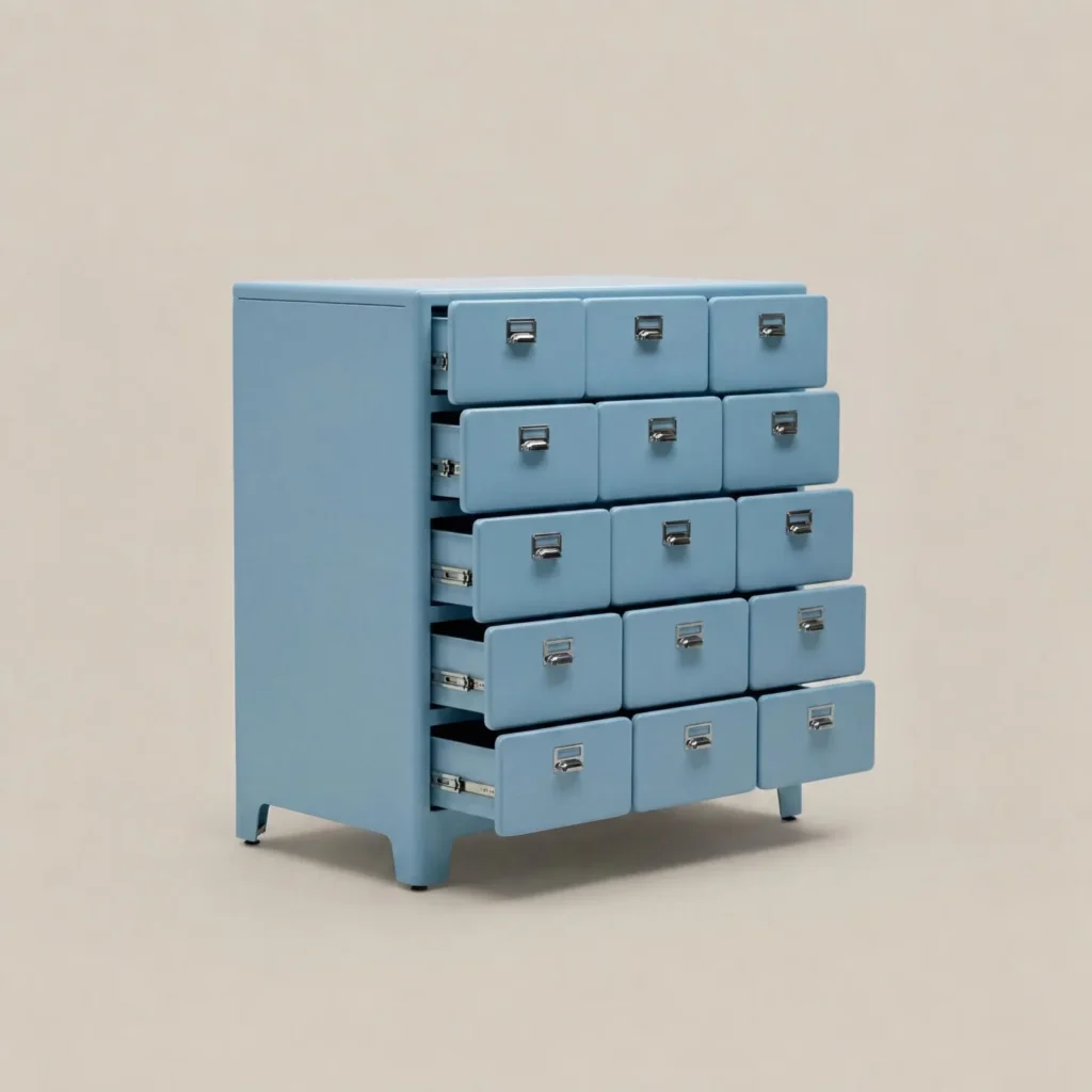 Baby Blue Fifteen-Drawer Apothecary Chest in blue — front view