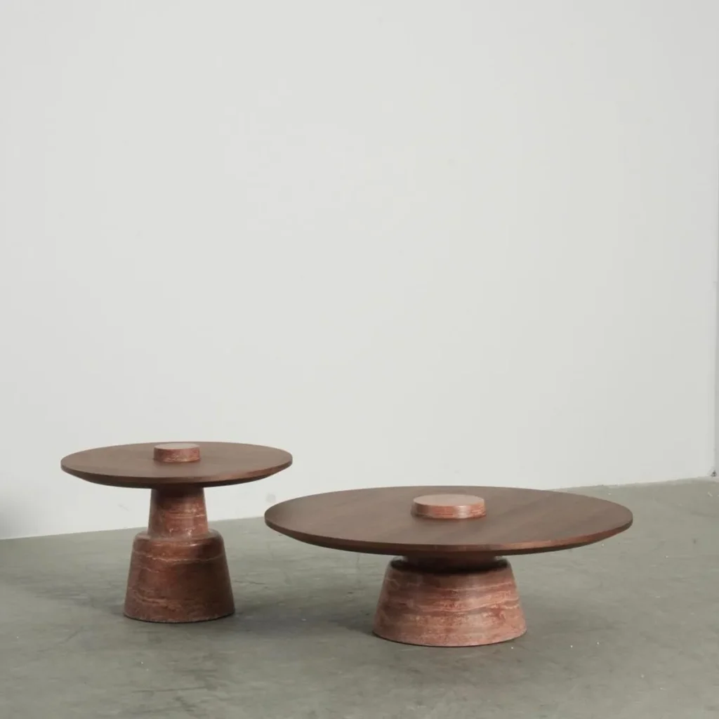 Red Travertine and Walnut Pedestal Coffee Table Pair, 95 in rust — front view