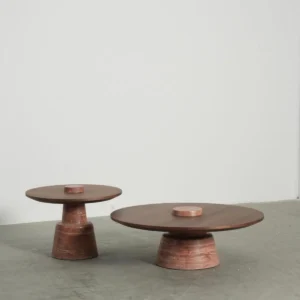 Red Travertine and Walnut Pedestal Coffee Table Pair, 95 in rust — front view