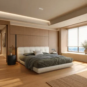 Wide Checkerboard-Stitched Linen Bed in oatmeal — front view