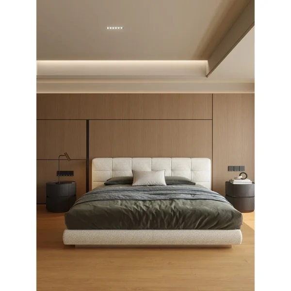Wide Checkerboard-Stitched Linen Bed in oatmeal — in a room setting