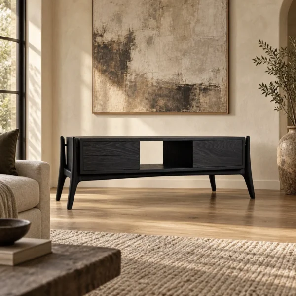 Minimalist Black Ash TV Stand with Angled Legs, 180 cm in black — in a room setting