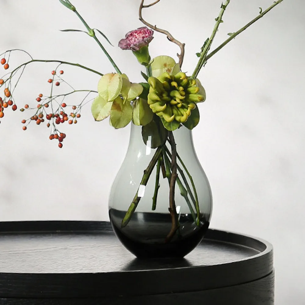 Smoked Grey Glass Gourd Vase for Peonies in slate — front view