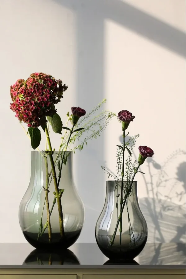 Smoked Grey Glass Gourd Vase for Peonies in slate — in a room setting