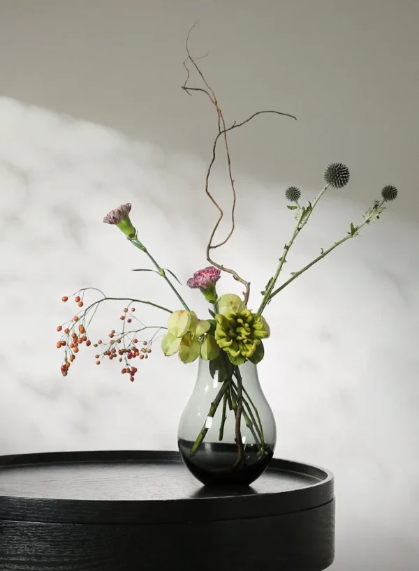 Smoked Grey Glass Gourd Vase for Peonies in slate — in a room setting