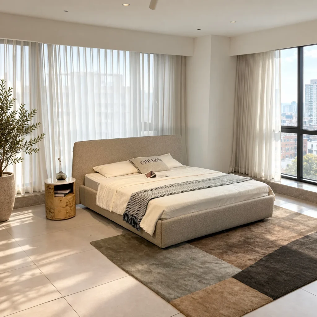 Ultra-Thin Headboard Cotton-Linen Bed in oatmeal — front view