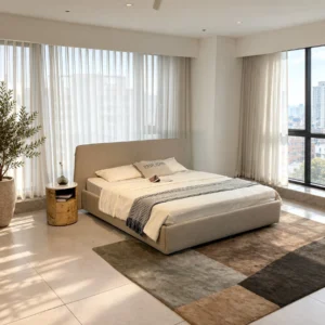 Ultra-Thin Headboard Cotton-Linen Bed in oatmeal — front view
