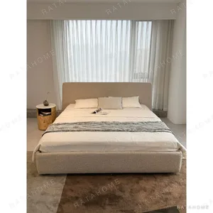 Ultra-Thin Headboard Cotton-Linen Bed in oatmeal — in a room setting