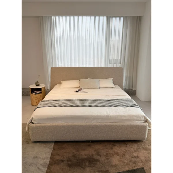 Ultra-Thin Headboard Cotton-Linen Bed in oatmeal — in a room setting