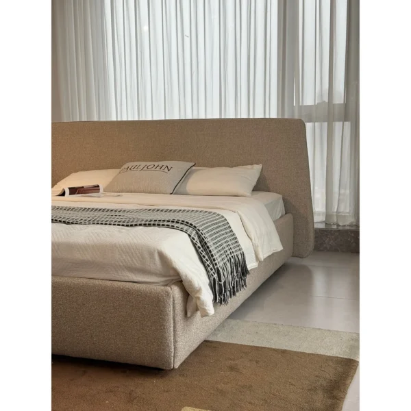 Ultra-Thin Headboard Cotton-Linen Bed in oatmeal — in a room setting