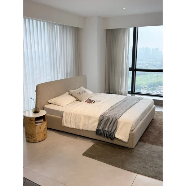 Ultra-Thin Headboard Cotton-Linen Bed in oatmeal — in a room setting