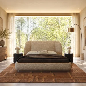Curved Embrace Linen Bed on Floating Metal Base in sand — front view