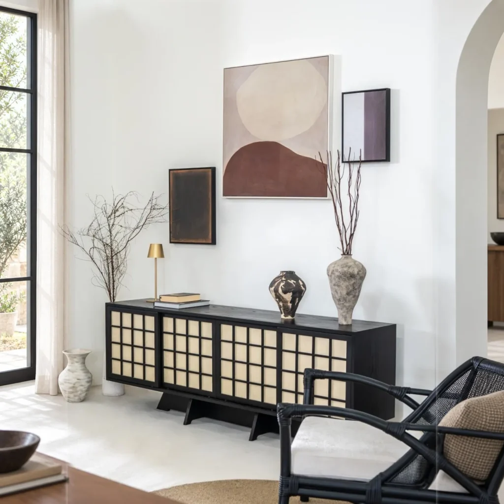 Cloud Solid Wood Sideboard with Cane Grid Doors in black — front view