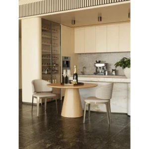 Round Oak Dining Table with Gilt-Detail Leather Chairs in natural oak — front view