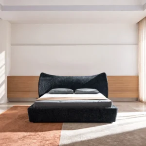 Fishtail Curved-Headboard Chenille Bed in black — front view