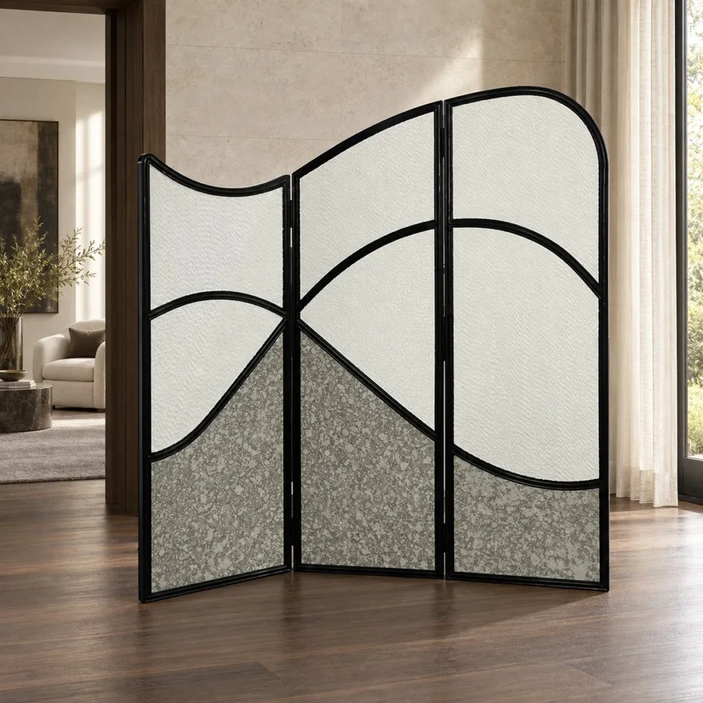 Wave Panel Textured Folding Screen in Black Frame — front view