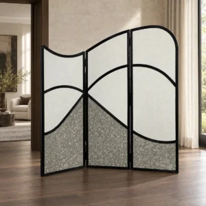 Wave Panel Textured Folding Screen in Black Frame — front view