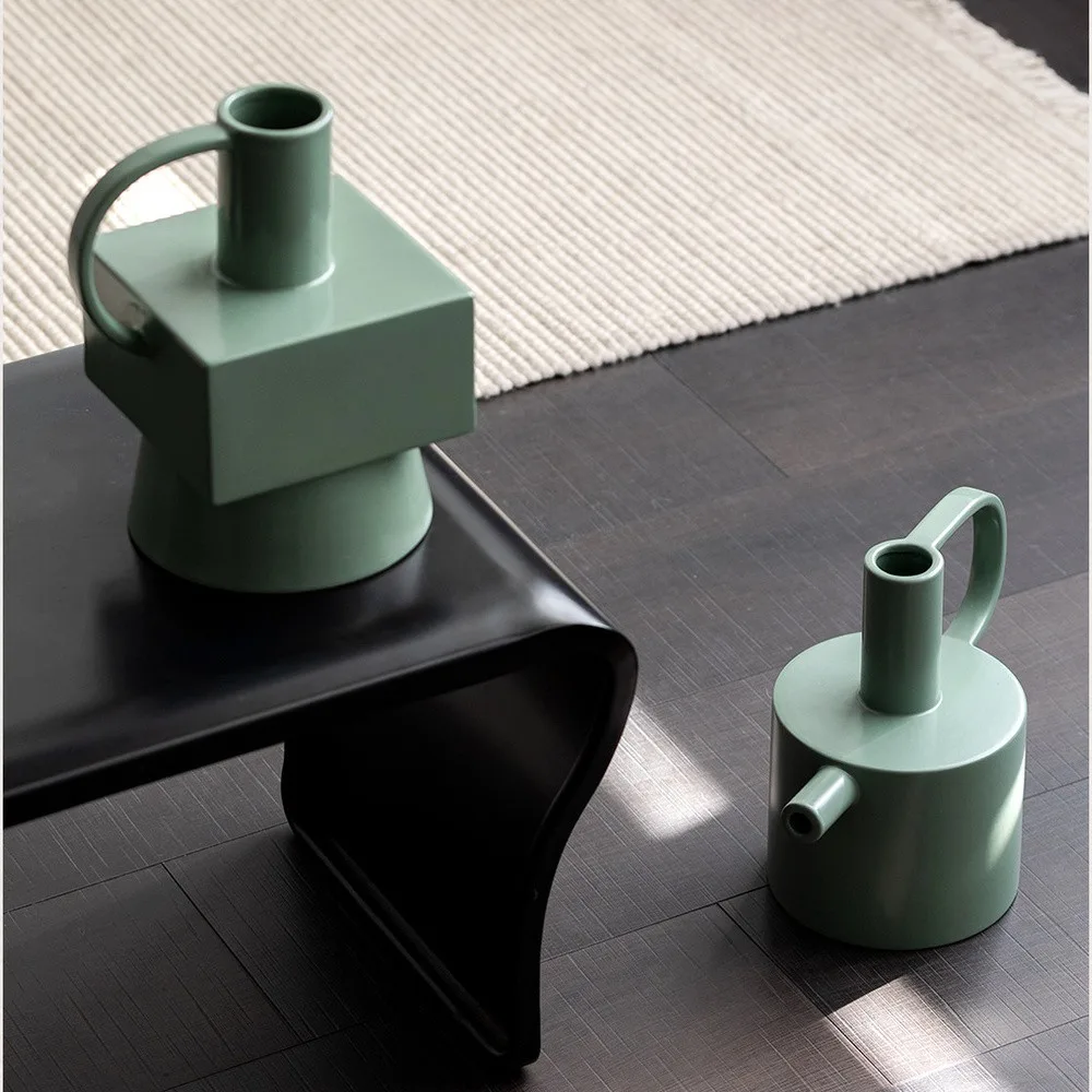 Geometric Dark Green Ceramic Vases with Square Handles in olive — front view