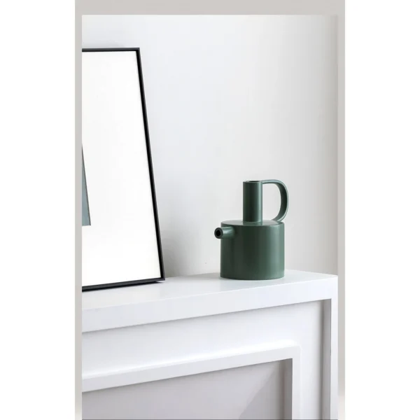 Geometric Dark Green Ceramic Vases with Square Handles in olive — in a room setting