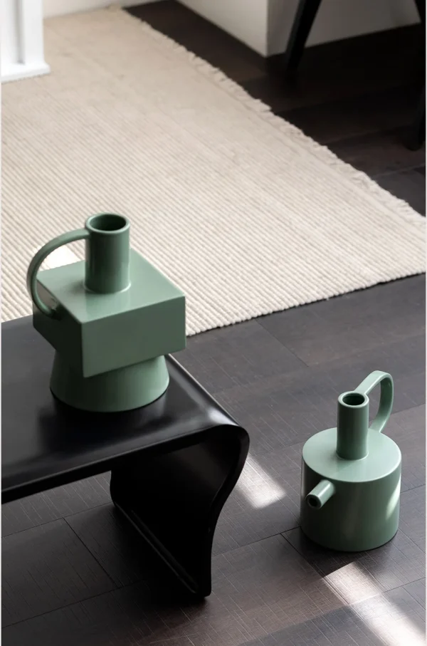 Geometric Dark Green Ceramic Vases with Square Handles in olive — in a room setting