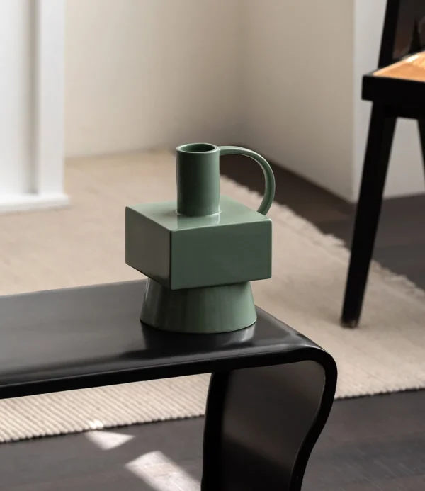 Geometric Dark Green Ceramic Vases with Square Handles in olive — in a room setting