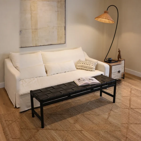 Woven Leather Teak Bench in Black or Earth, 150 x 40 cm — in a room setting