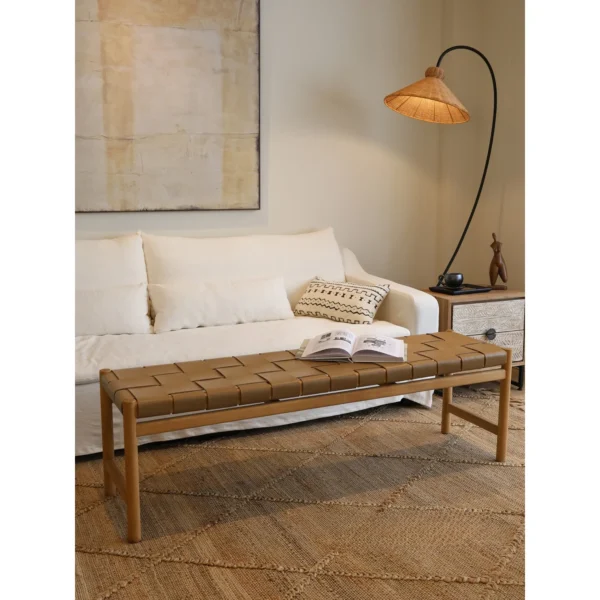 Woven Leather Teak Bench in Black or Earth, 150 x 40 cm — in a room setting