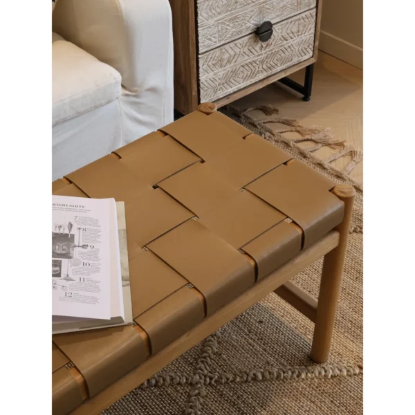 Woven Leather Teak Bench in Black or Earth, 150 x 40 cm — in a room setting
