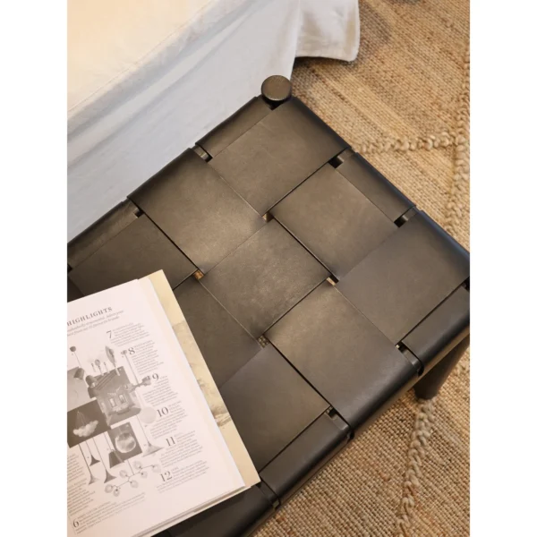 Woven Leather Teak Bench in Black or Earth, 150 x 40 cm — in a room setting