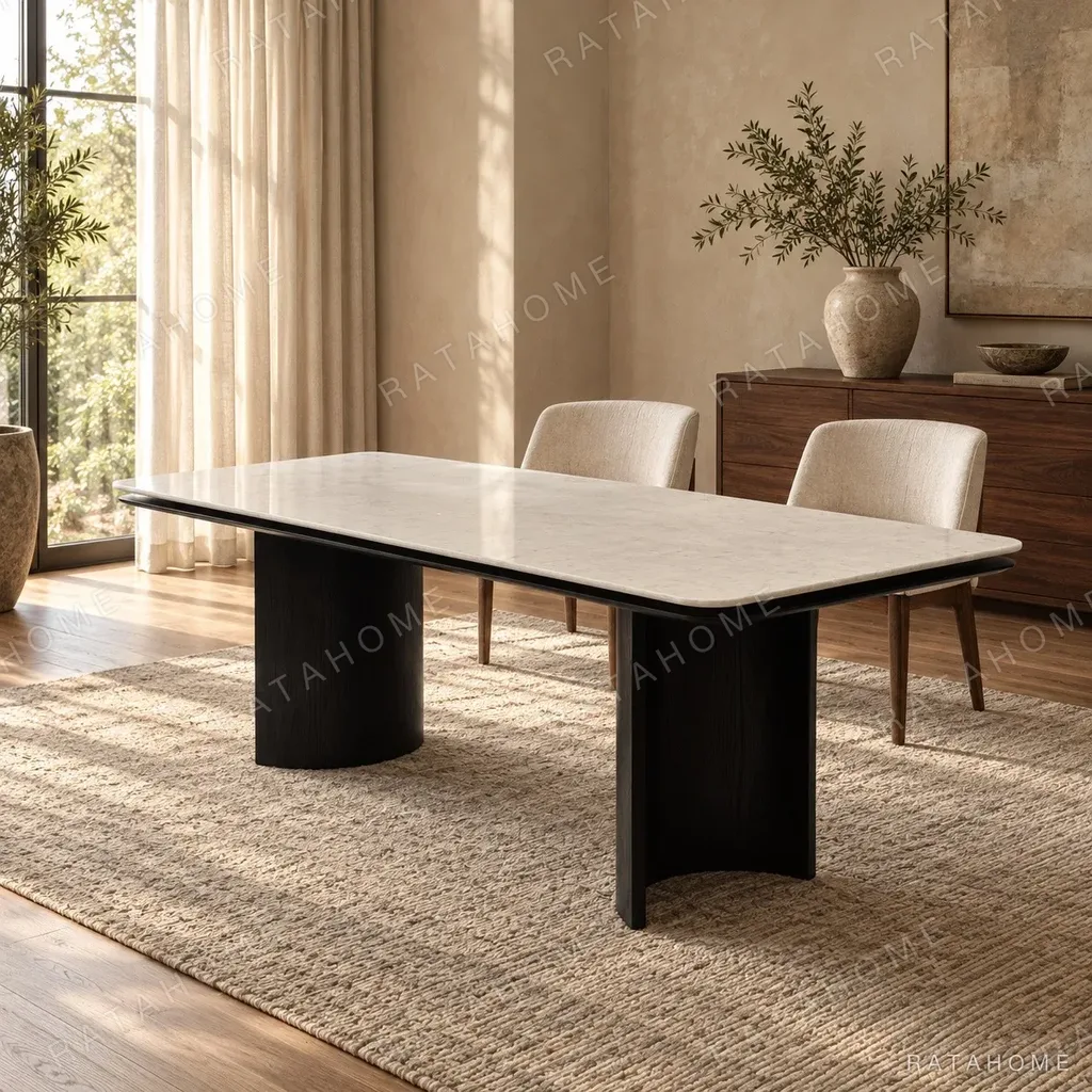 Long White Crystal Marble Dining Table on Curved Black Base in ivory — in a room setting