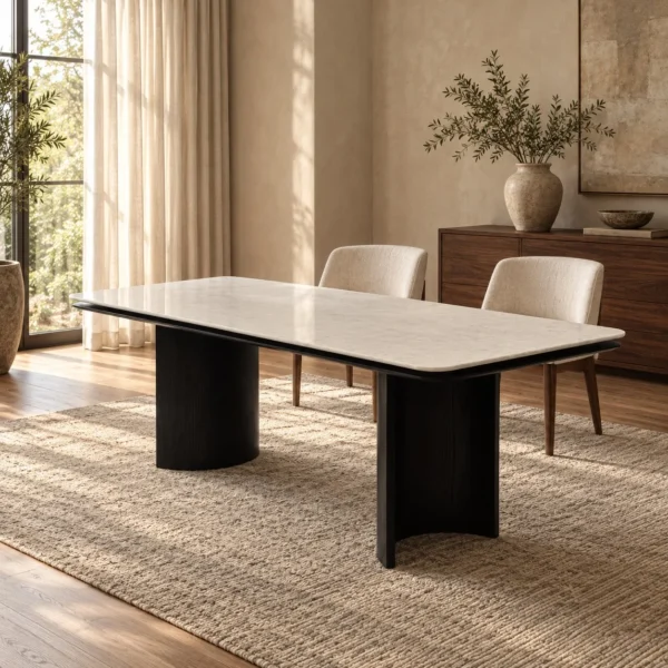 Long White Crystal Marble Dining Table on Curved Black Base in ivory — in a room setting