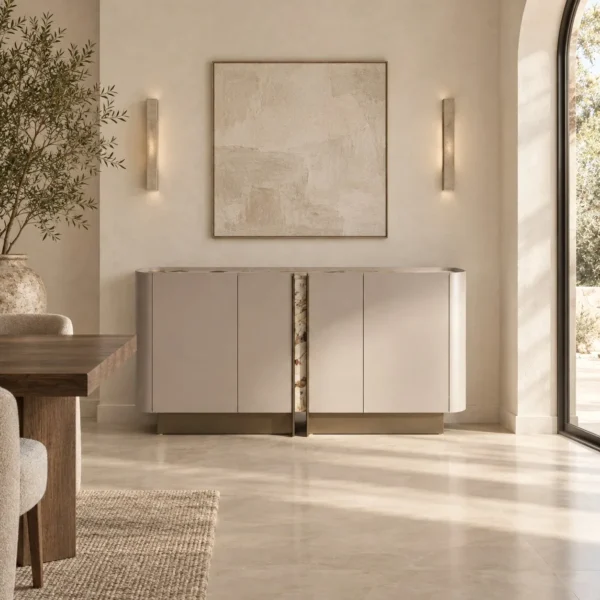 Curved Lacquer Sideboard with Marble Strip Doors in sand — in a room setting