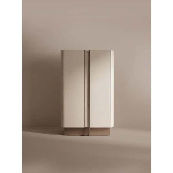 Curved Lacquer Sideboard with Marble Strip Doors in sand — in a room setting