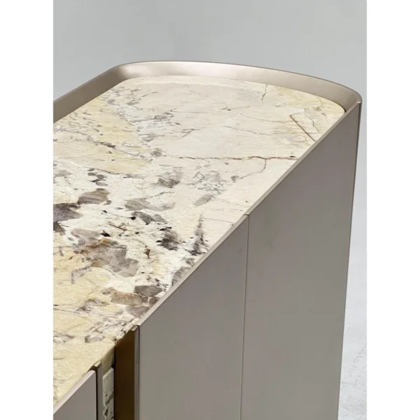 Curved Lacquer Sideboard with Marble Strip Doors in sand — in a room setting