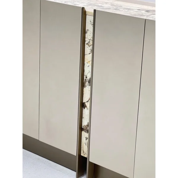 Curved Lacquer Sideboard with Marble Strip Doors in sand — in a room setting