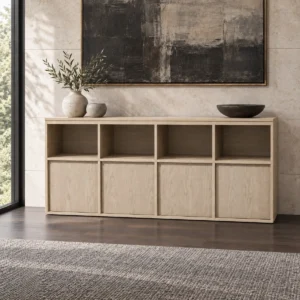 Pale Oak Open-Grid Low Storage Cabinet in natural oak — front view