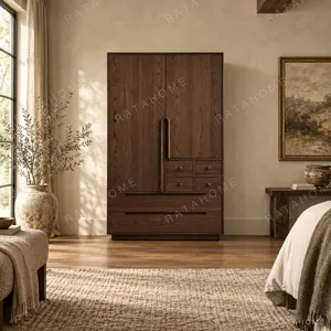 Minimalist Dark Oak Wardrobe with Drawers in walnut — in a room setting