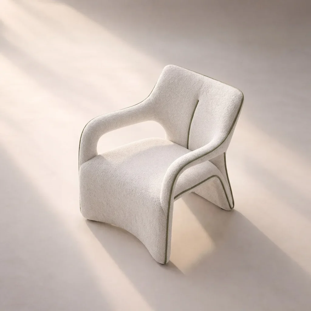 Jianxu White Bouclé Lounge Chair with Green Piping in ivory — front view
