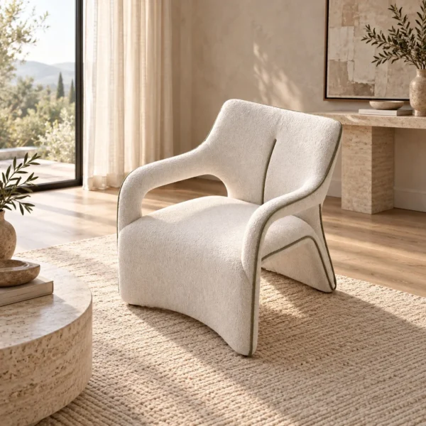 Jianxu White Bouclé Lounge Chair with Green Piping in ivory — in a room setting