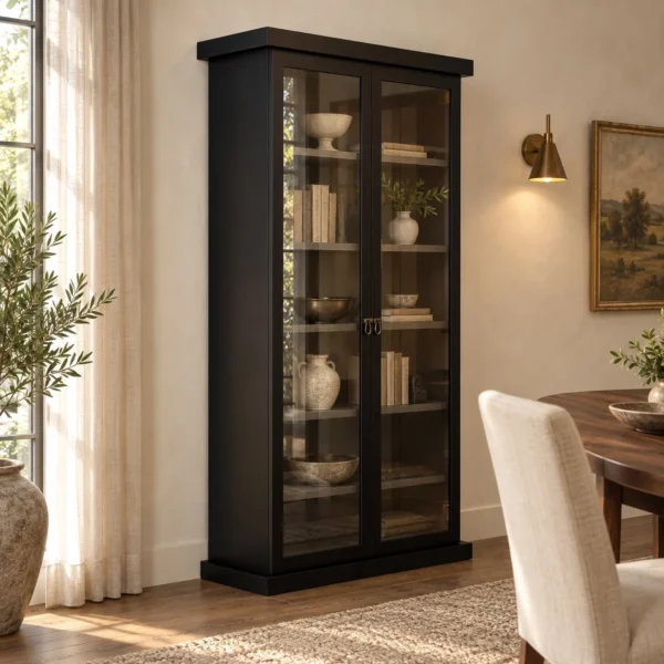Black Wood Display Cabinet in black — in a room setting